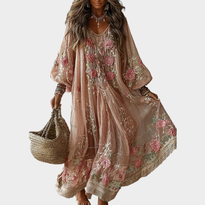 Bohemian Embroidered Maxi Dress with Sheer Overlay