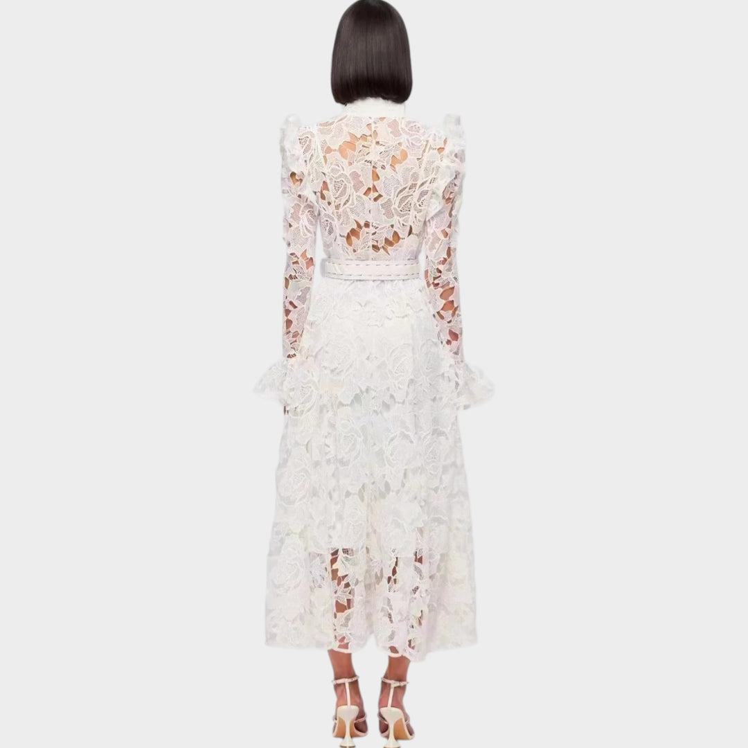 High Neck Belted Lace Midi Dress