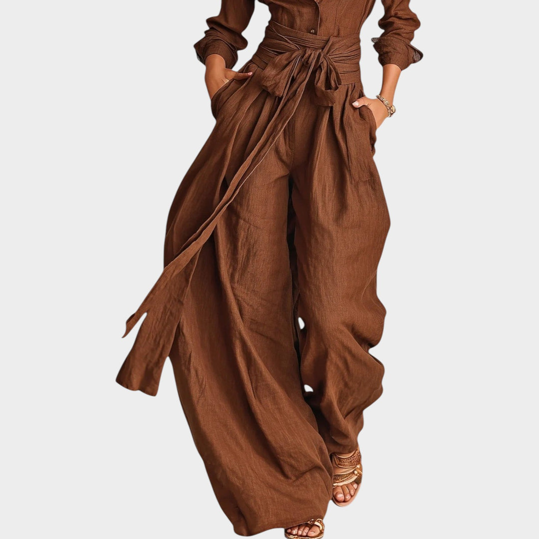 Belted Wide-Leg Shirt Jumpsuit