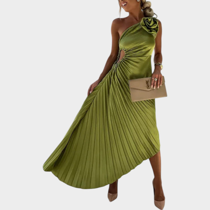 One-Shoulder Pleated Satin Dress