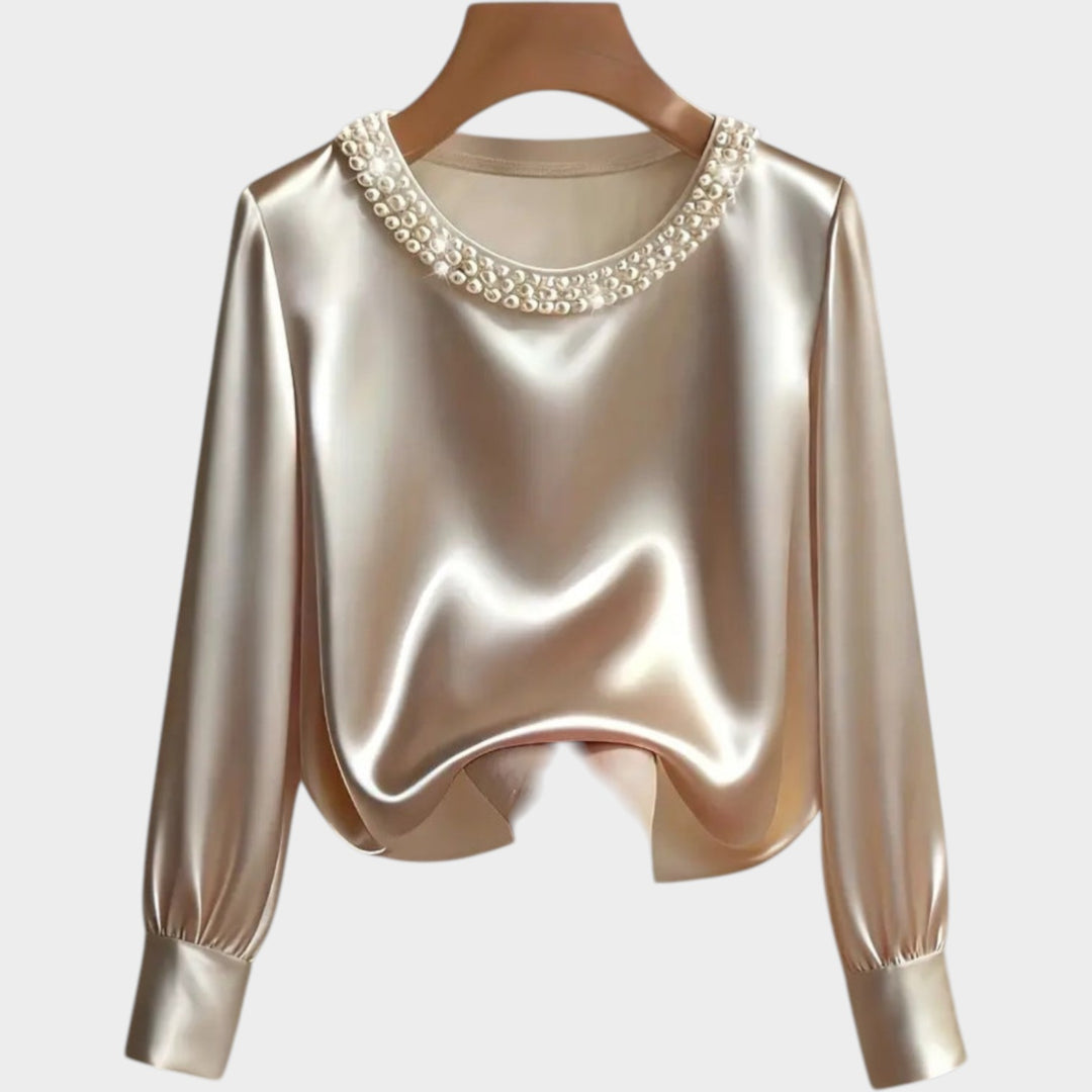 Satin Pearl-Trim Blouse
