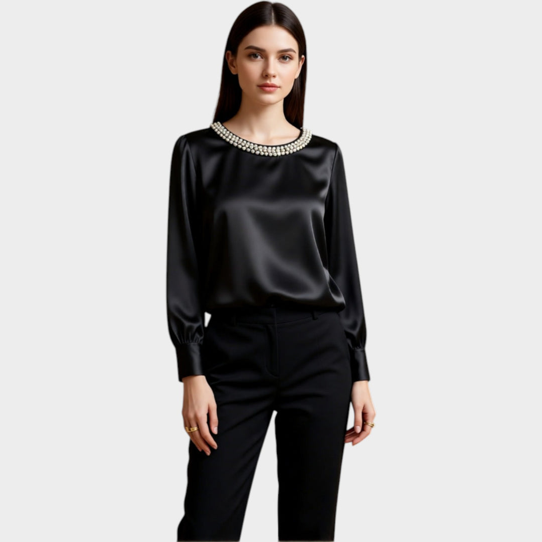Satin Pearl-Trim Blouse