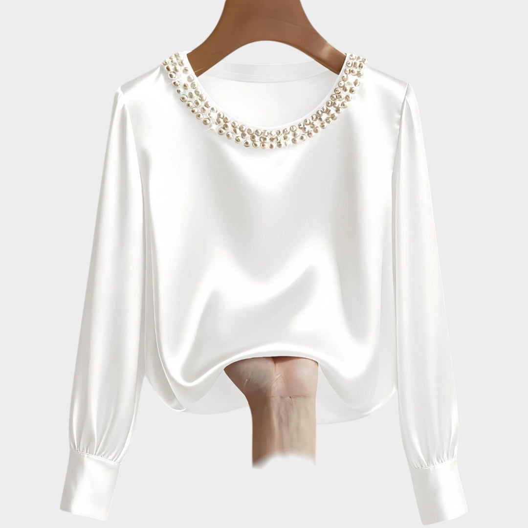 Satin Pearl-Trim Blouse