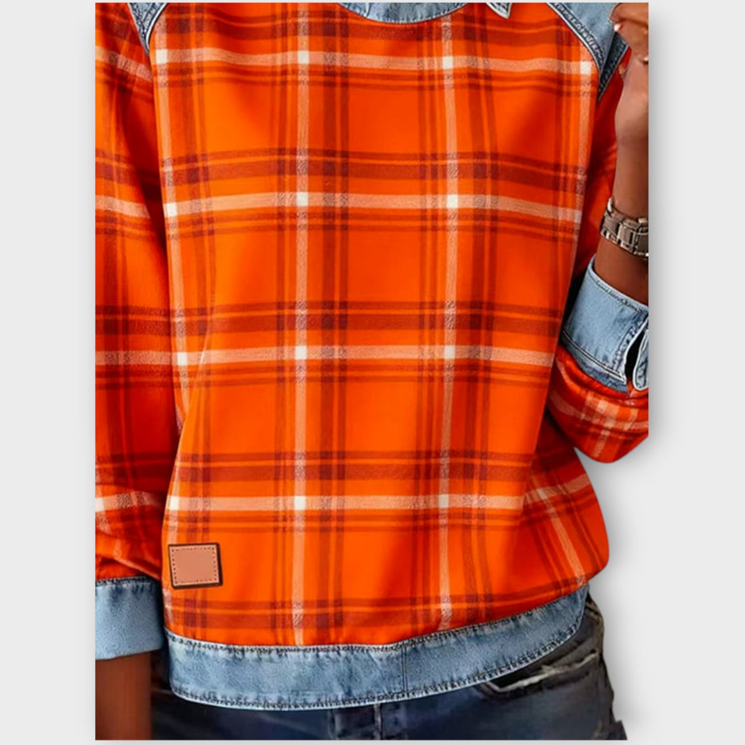 Plaid Denim-Trim Casual Top