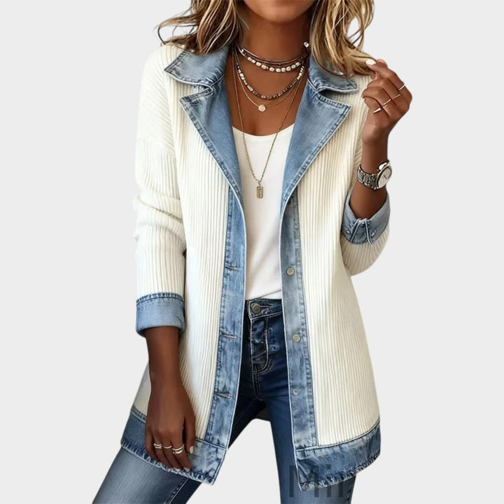 Denim-Trim Knit Cardigan Jacket
