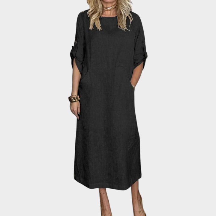 Casual Rolled-Sleeve Midi Dress