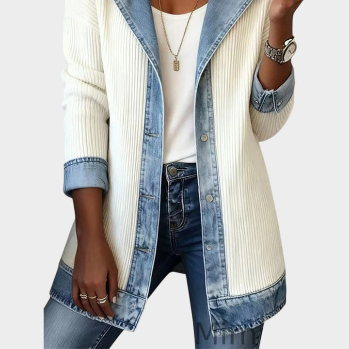 Denim-Trim Knit Cardigan Jacket