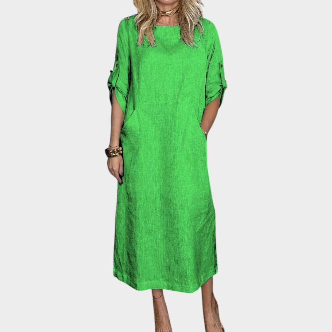Casual Rolled-Sleeve Midi Dress