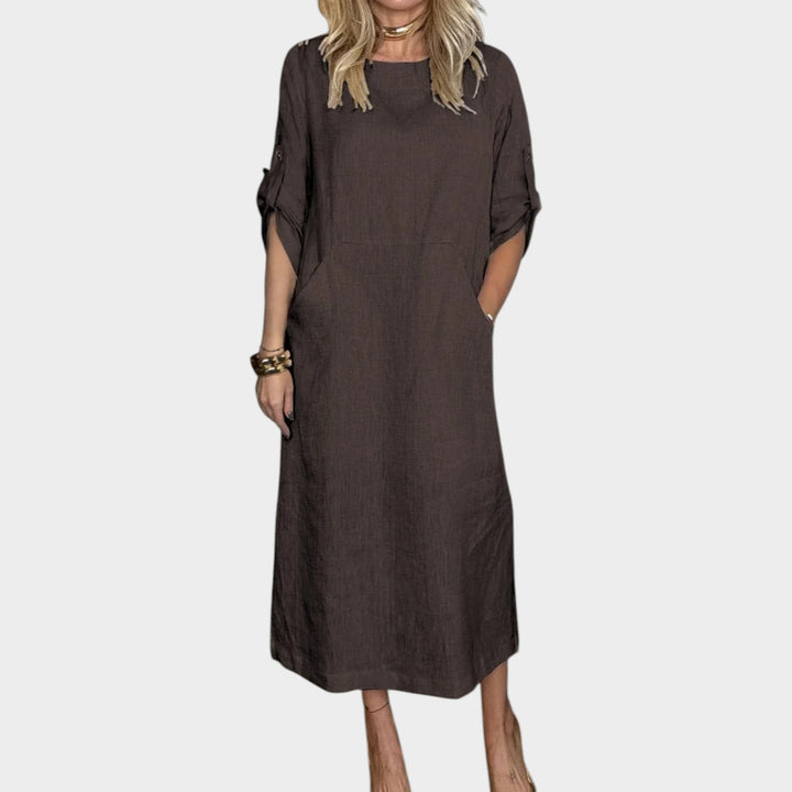 Casual Rolled-Sleeve Midi Dress
