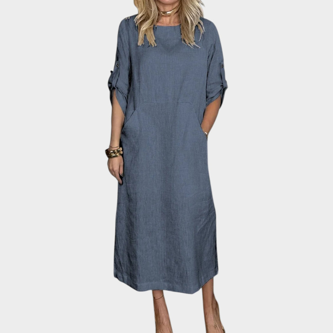 Casual Rolled-Sleeve Midi Dress
