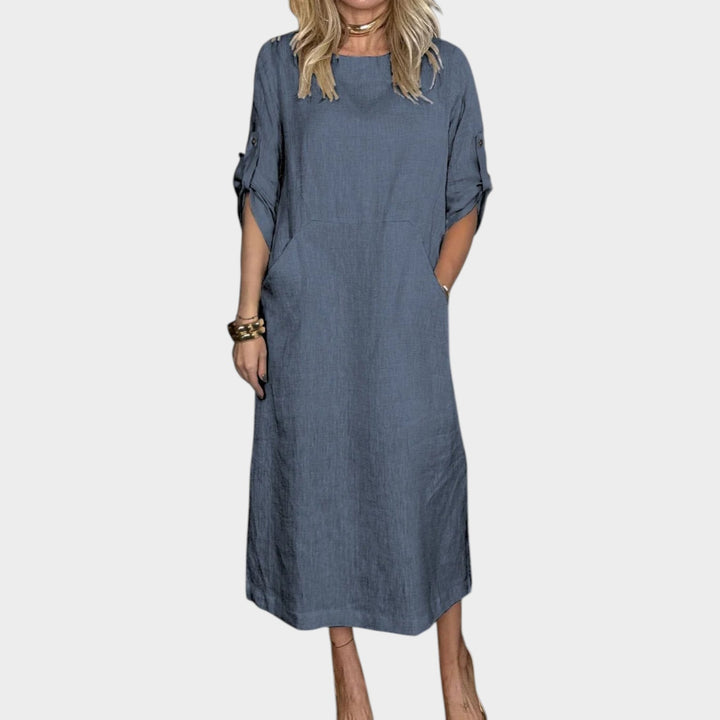 Casual Rolled-Sleeve Midi Dress