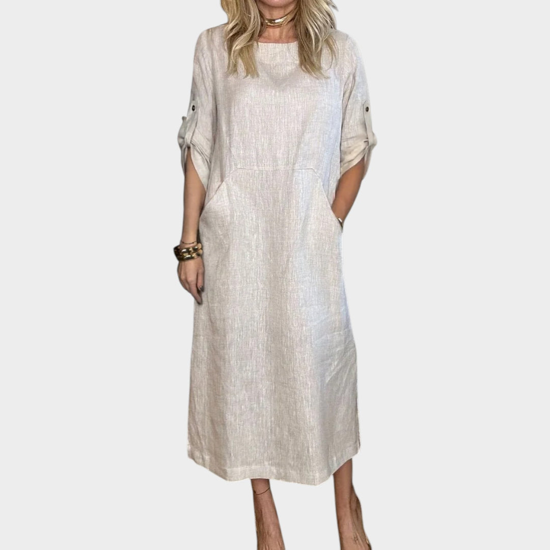 Casual Rolled-Sleeve Midi Dress