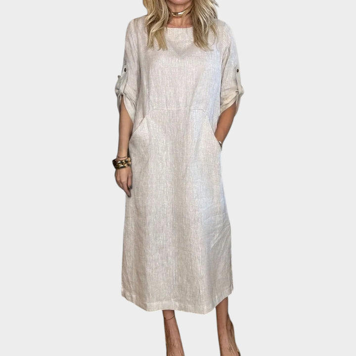 Casual Rolled-Sleeve Midi Dress