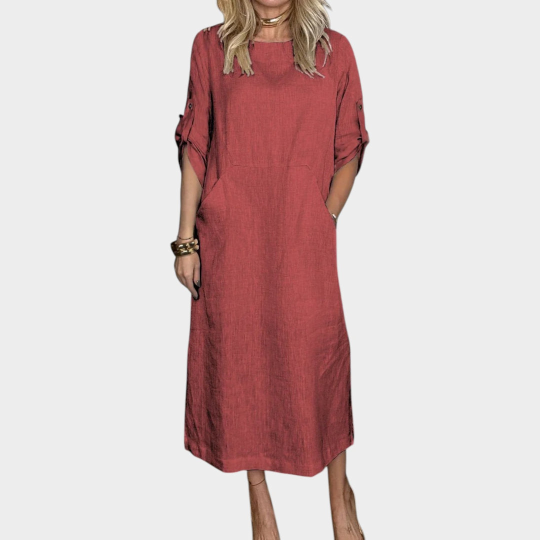 Casual Rolled-Sleeve Midi Dress