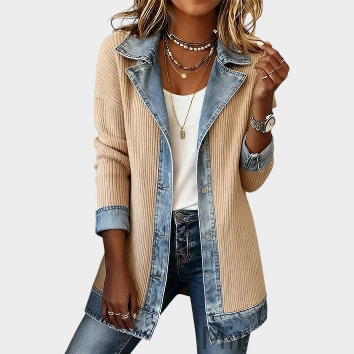 Denim-Trim Knit Cardigan Jacket